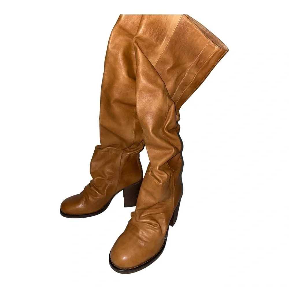 Free‎ People Elle Tall Tan Knee High Leather Women 6 Pull-On Slouchy Boot NEW